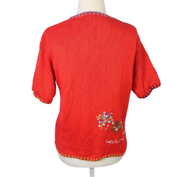 Vintage 90s M.C. & Co Red Funny Cat Embroidered Cardigan Sweater S - Picture 4 of 9